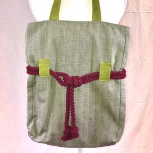 NWOT Green Canvas Shoulder Bag With Burgundy Rope Tie
